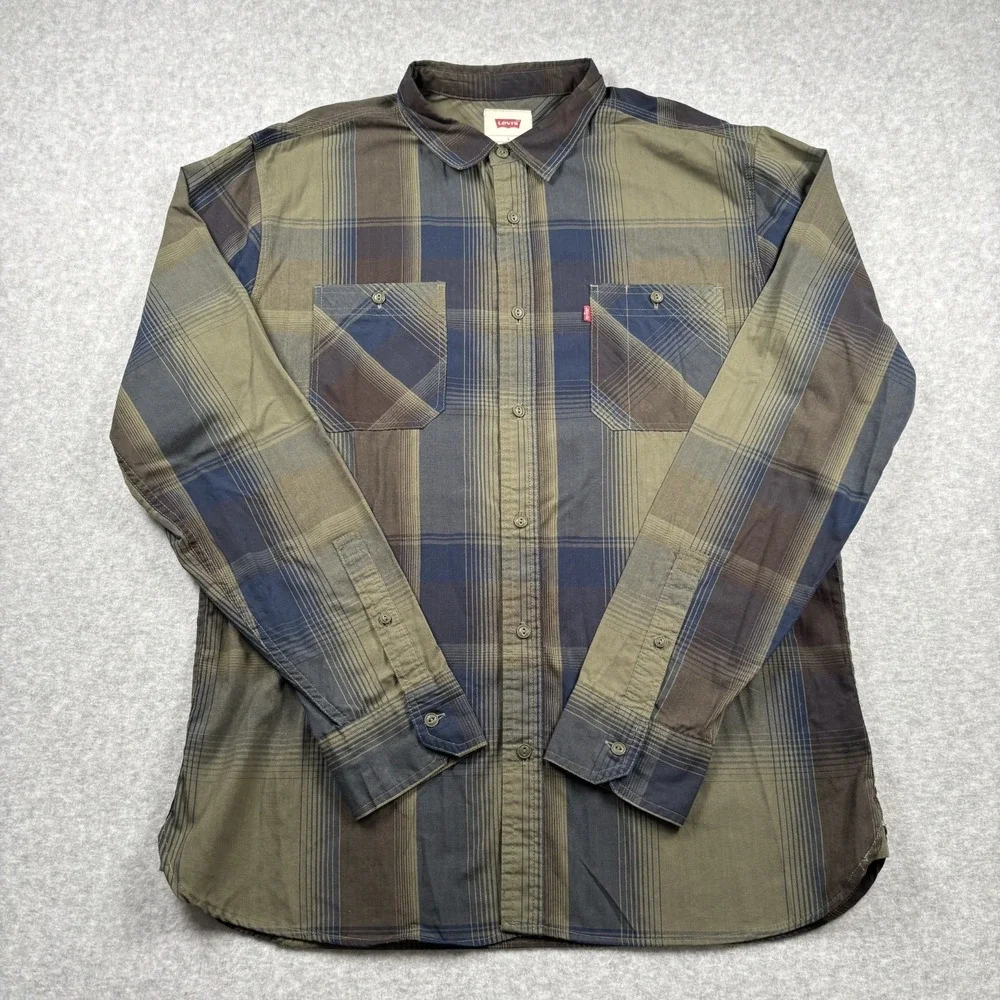 Levi's Men's Large Plaid Button Up Shirt Olive Green Navy Blue Cotton Blend